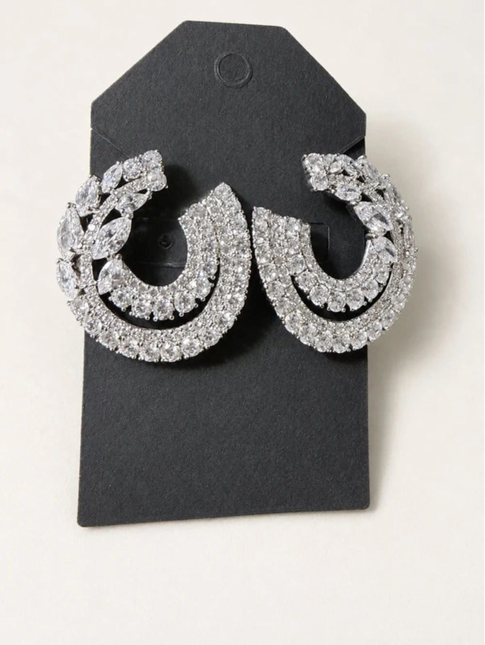 Pretty Silver Tone Statement Earrings Double Hoop Crystal Look Glamorous Evening